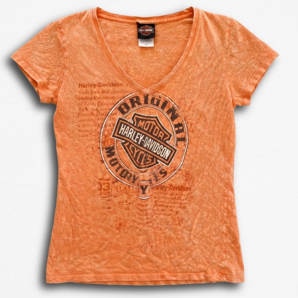 Harley-Davidson Womens V-Neck Graphic Tee Orange Acid Wash Viking Land Small